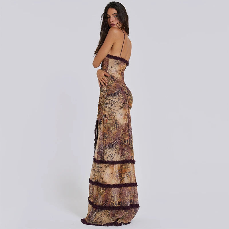 CUTENOVA Women Noble Furry Halter Sleeveless Hollow Dress Camisole Shrunk Split Wave Cut Dress Luxury Prom Occasion Evening Gown