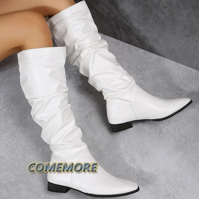 Shoes for Women Autumn Spring Knee High Boots Red Black White Tall Boots Woman Pleated Low Heel Casual Leather Female Long Shoes