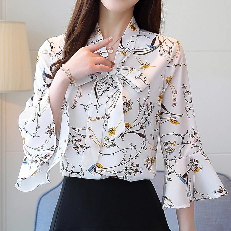 Chiffon Shirt Female Summer 2023 New Bow V Collar White Printing Transparent Women Tops Flare Sleeve Women Blouse Shirt 807A