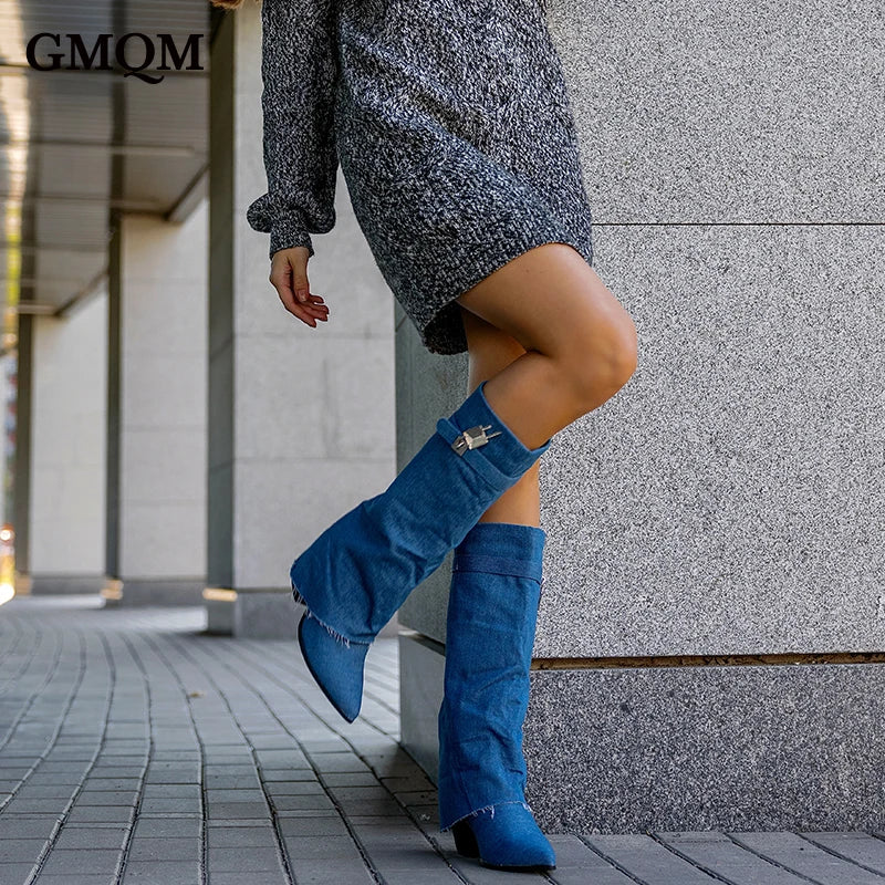 GMQM Brand Fashion Women's Western CowBoy Cowgirl Boots Denim Blue The Knee Boots Shark Lock High Heels Chunky Heels Long Boots