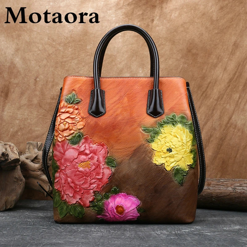 MOTAORA Retro Women Bag Vintage Bucket Shoulder Bags For Women 2024 New Handmade Embossed Leather Handbag Floral Tote Bag Female