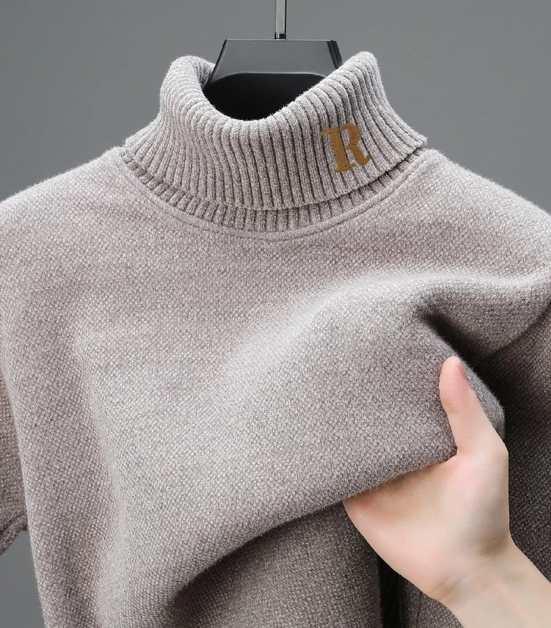 Luxury brand sweater men's high neck designer new trend R embroidery casual Korean top winter plush thick warm knitted pullover