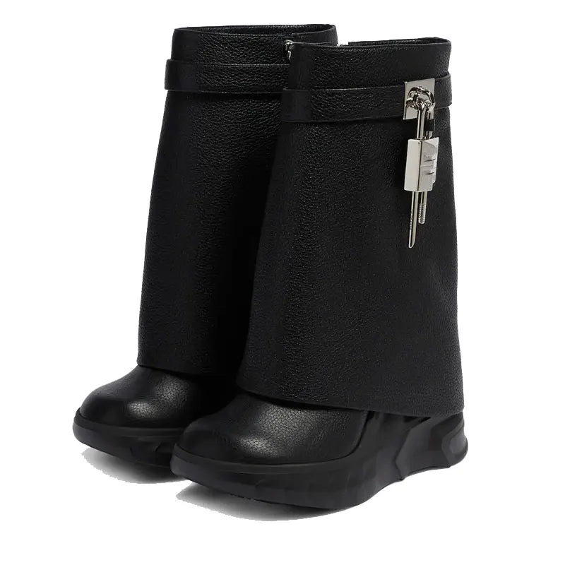 Women's New Round Toe Thick Bottom Round Toe Skirt Shark Short Barrel Wedge Heel High Metal Lock Large Barrel Short Boots