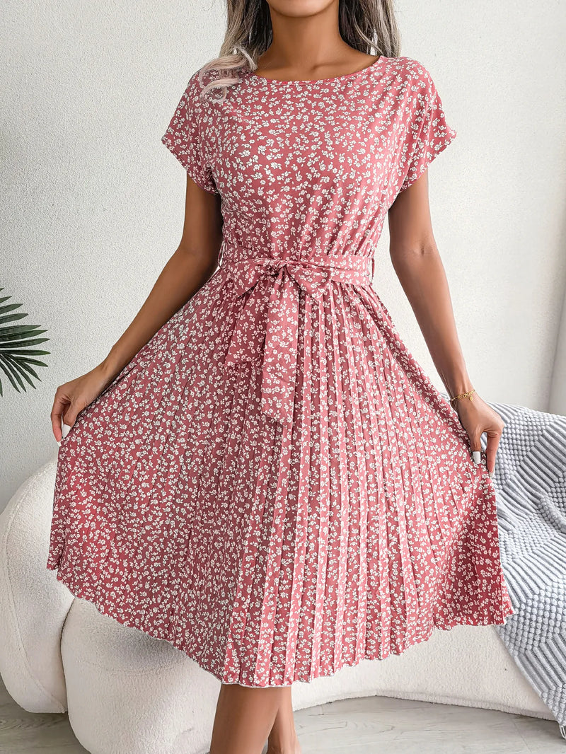 Women Spring Summer Short Sleeve High Waist Chic Dress Fashion Floral Pleated A Line Long Dress