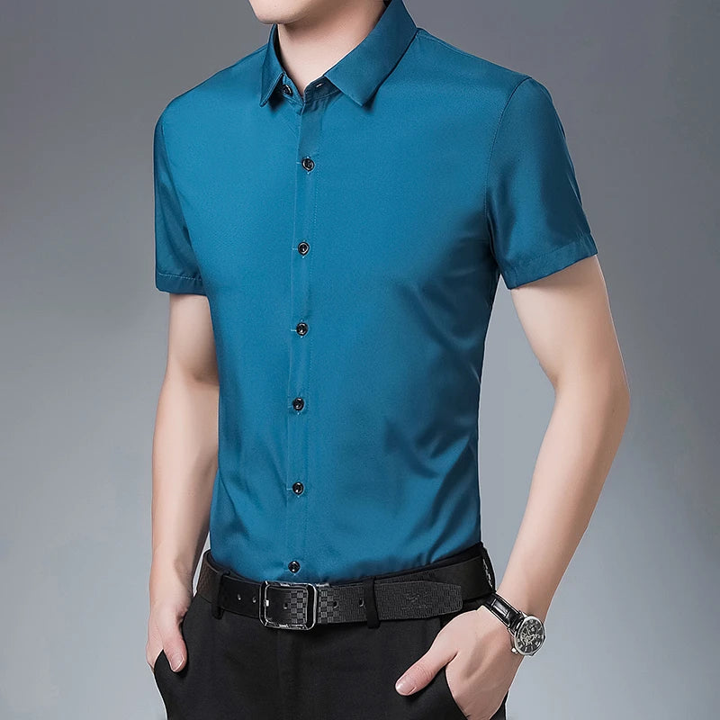 Men's Business Casual Solid Color Short Sleeved Shirt Non Ironing Comfortable Top