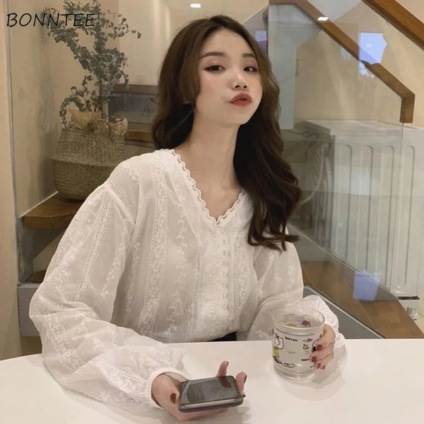 Shirts Women Solid V-Neck Simple Tender Prevalent Ladies Tops All-match Leisure Autumn Fashion Korean Style Temperament Chic hot