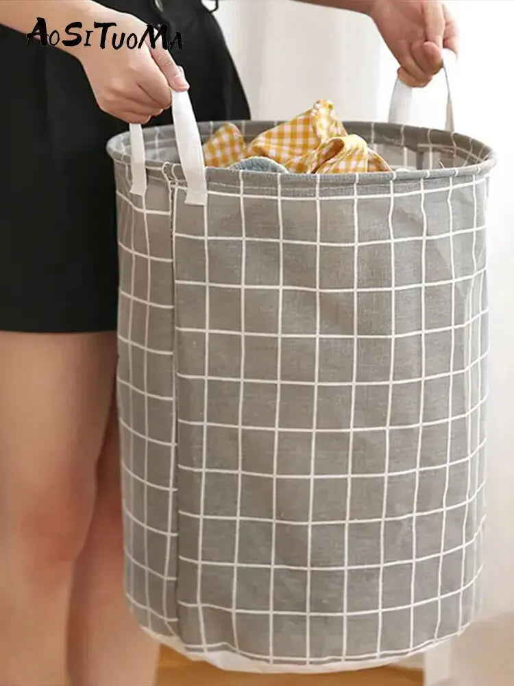 Household Dirty Clothes Basket Toy Storage Bucket Plaid Fabric Cotton Linen Dirty Clothes Basket Large Foldable Waterproof Stora