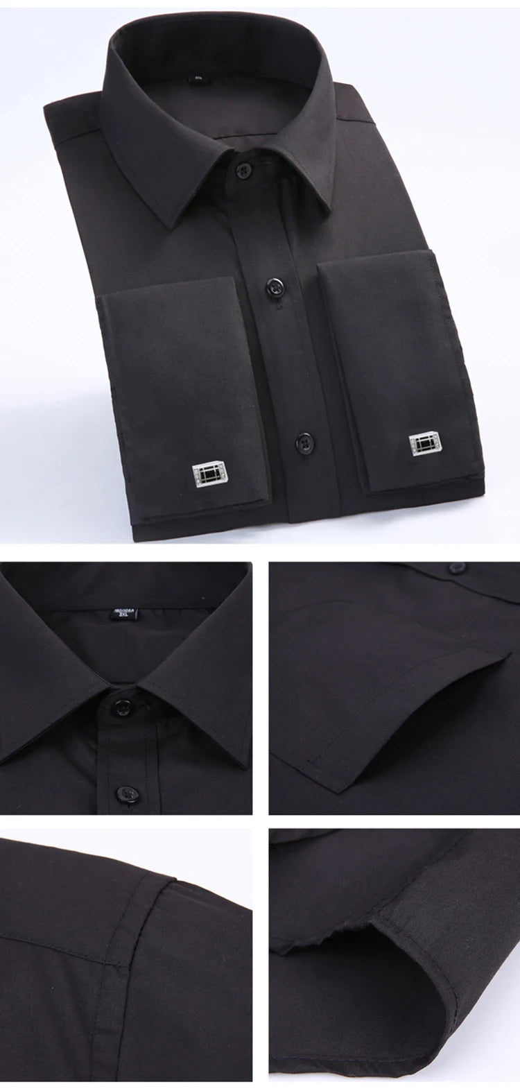 Men's Classic French Cuffs Striped Dress Shirt Single Patch Pocket Standard-fit Long Sleeve Wedding Shirts (Cufflink Included)