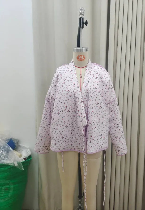2024 New Pink Floral Cotton Coats Women Fashion V-neck Full Sleeve Lace Up Loose Jacket Autumn And Winte Chic Warm Lady Outwear