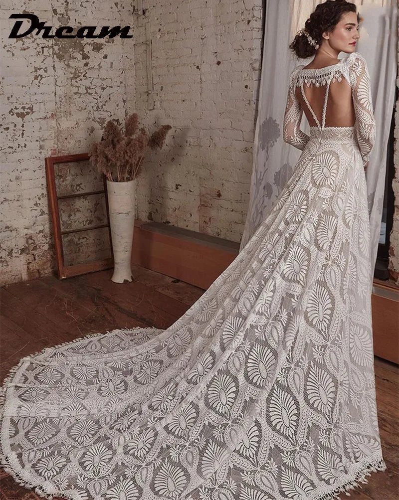 DREAM Spaghetti Straps Lace Wedding Dress With Detachable Long Sleeve Backless V Neck A Line Bridal Gown Sweep Train