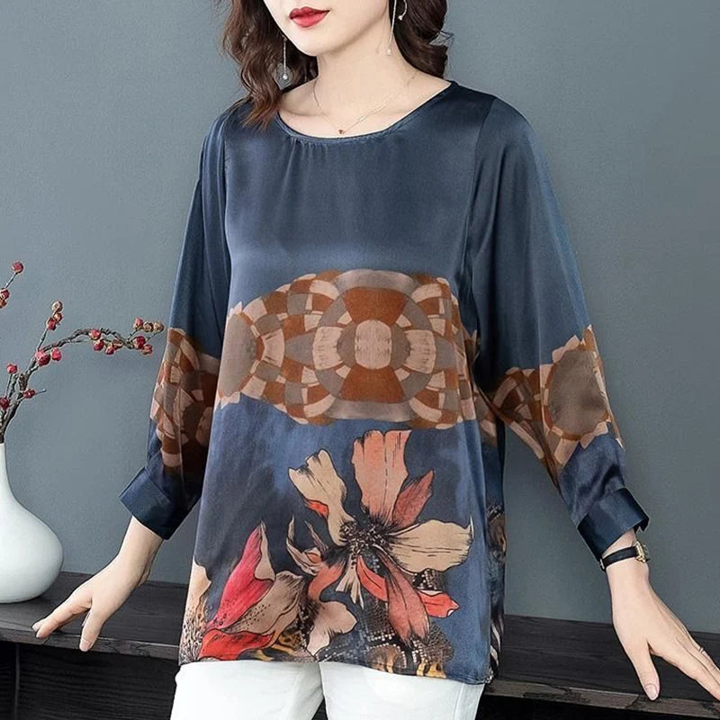 Summer Autumn Imitation Silk Fashion Print Loose Casual Shirt Ladies Oversized Long Sleeve Wild Elegant Blouse Top Women Blusa