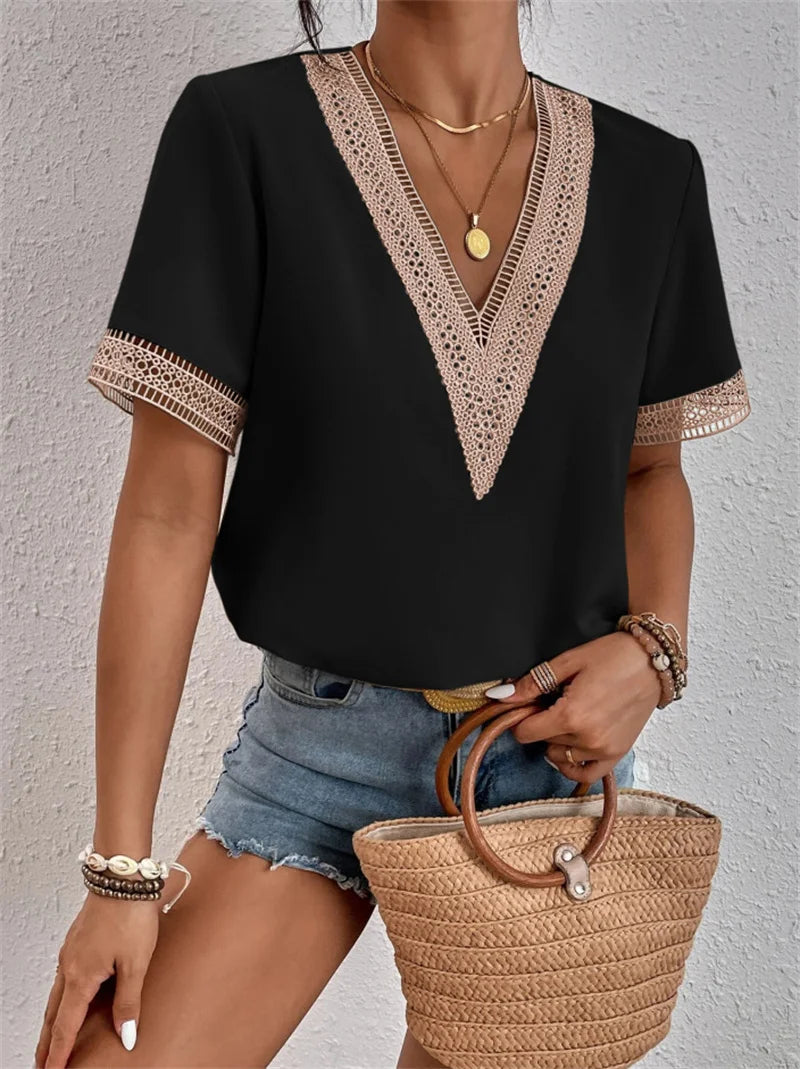 Women's V-neck Splicing Lace Blouse Elegant Commuter Loose Short Sleeve Shirt Female 2023 Summer British Style Daily Casual Tops