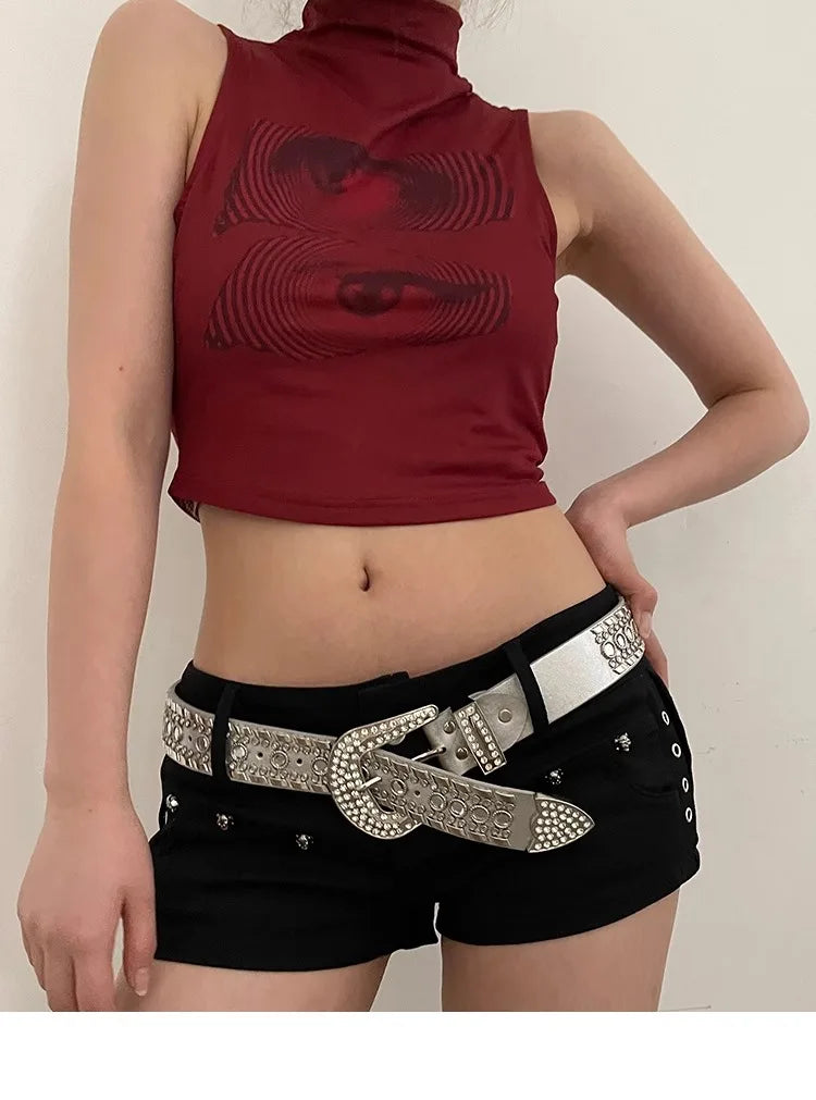 Y2K N Niche Personality Spice Broad Belt Female Adornment 2024 New Style Rhinestone With Pants Fashion Belt