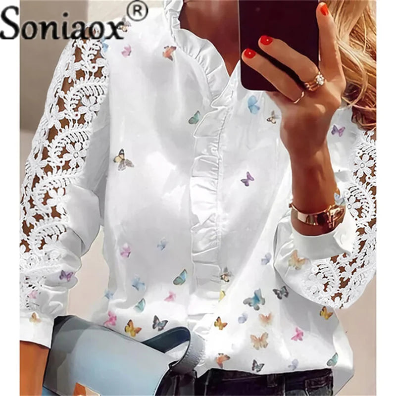 2022 Autumn Fashion Butterfly Print Women Blouses Lace Long Sleeve Ruffle V-Neck Blouse Shirt Casual Tee Tops Elegant Work Shirt