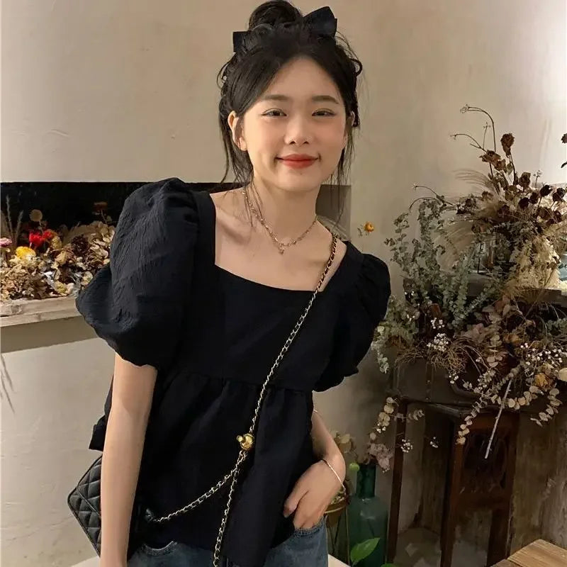 Blouses Women Square Collar Sweet Loose French Style Puff Sleeve Chic Ruffles Simple Ulzzang Solid Fashion Temper Student Summer