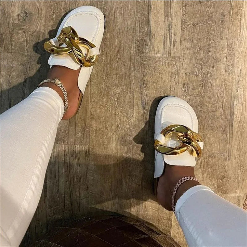 Metal Chain Lazy Loafers Big Round Toe Women's Slippers Sandals 2022 Summer Fashion Pumps Thick-soled Office woman's Shoes Mules