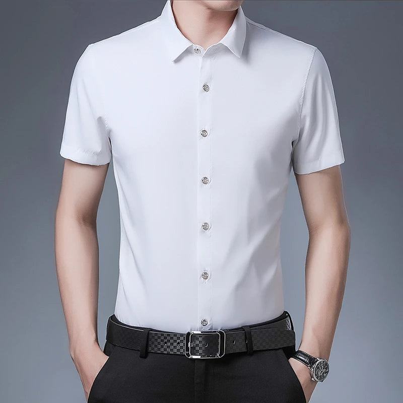 Men's Business Casual Solid Color Short Sleeved Shirt Non Ironing Comfortable Top