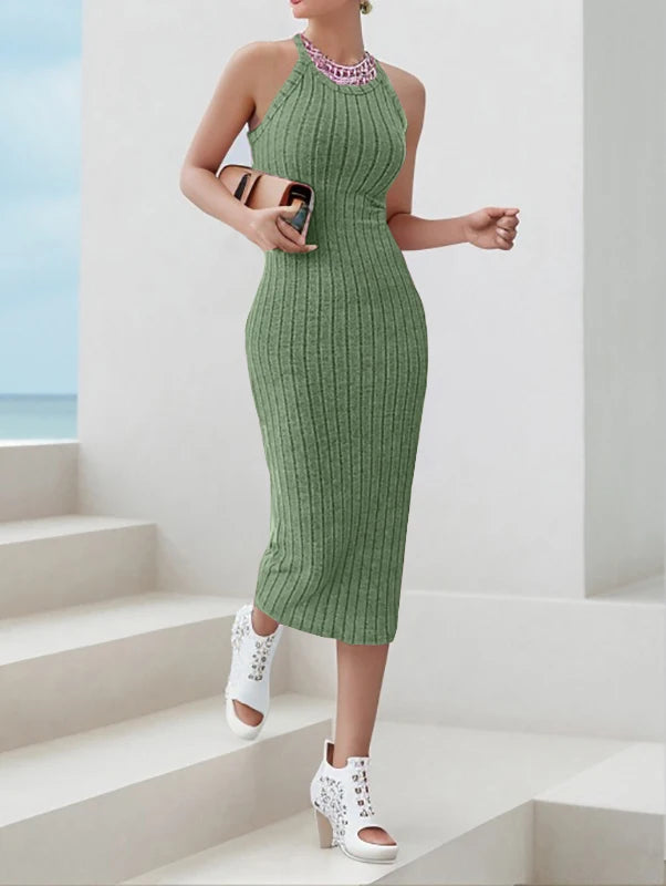 Solid Halter Neck Bodycon Dress Dodycon Dress Fashion New Designer Ribbed Midi Dress Women's Sleeveless Ribbed Knit Tank Dress