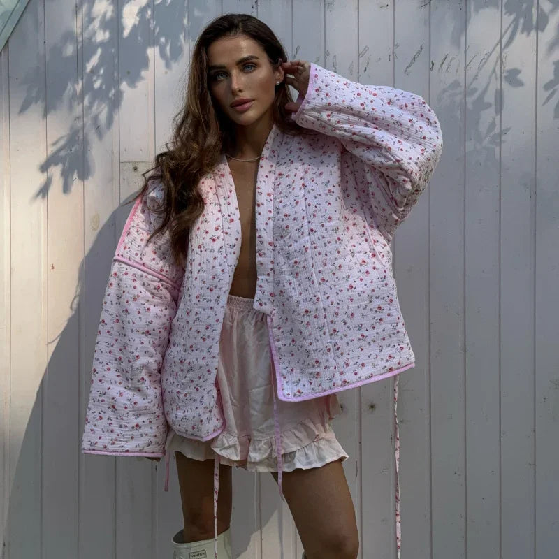 2024 New Pink Floral Cotton Coats Women Fashion V-neck Full Sleeve Lace Up Loose Jacket Autumn And Winte Chic Warm Lady Outwear
