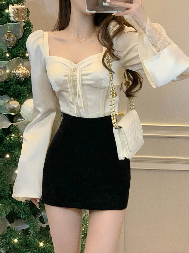 2023 Spring Long Sleeve Elegant Satin Blouse Women Slim Square Neck Y2k Clothing Korean Fashion Casual Shirts Office Lady Tops