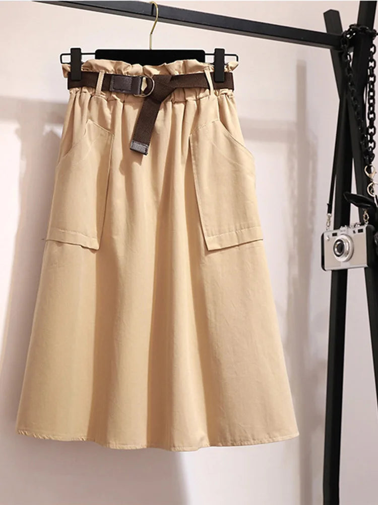 Midi Knee Length Summer Autumn Skirt Women No Belt Casual Cotton Solid High Waist Sun School Skirt Female