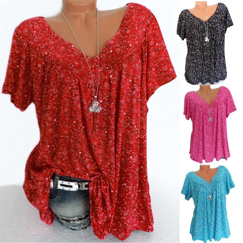 Casual Large Size V-Neck T-Shirt Tops Fashion Women T-Shirt Summer Loose Printed Bottoming Shirt