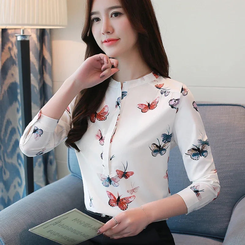 Long Sleeve Women Shirts LooseWhite Blouse Print Women Blouse Shirt Fashion Womens Blouses And Tops Office Blouse 1042 40