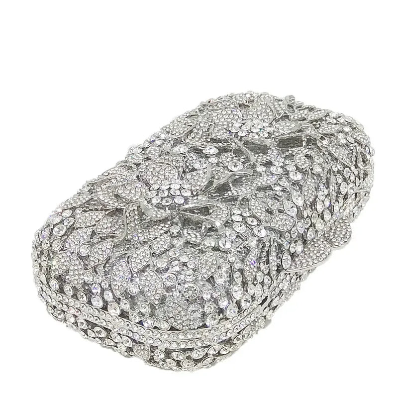 Boutique De FGG (in stock) Dazzling Silver Flower Women Crystal Clutch Evening Bags Wedding Party Minaudiere Handbag and Purse