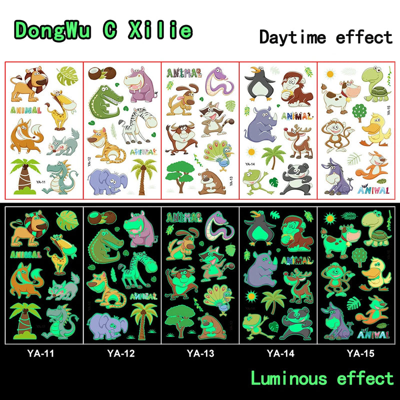 Luminous Tattoo Stickers Temporary Colorful Animal Mermaid Dinosaur Tattoo Cute Tattoo Stickers Children's Body Tattoo 5 Sheets