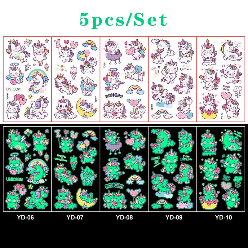 Luminous Tattoo 5 10pcs/Set Temporary Tattoos Mermaid Licorne Children Stickers for Kids Pokemon Tattoo Tattoo for Kids Unicorn