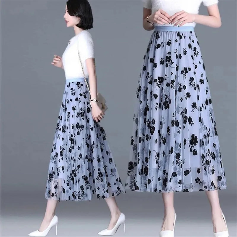 Mesh Floral Skirt Women 2023 Spring Summer Autumn Long Gauze Skirt High Waisted Grace Fashion Puff Skirts Elegant Mujer Printing