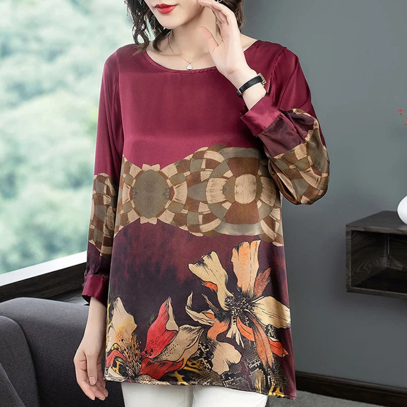 Summer Autumn Imitation Silk Fashion Print Loose Casual Shirt Ladies Oversized Long Sleeve Wild Elegant Blouse Top Women Blusa