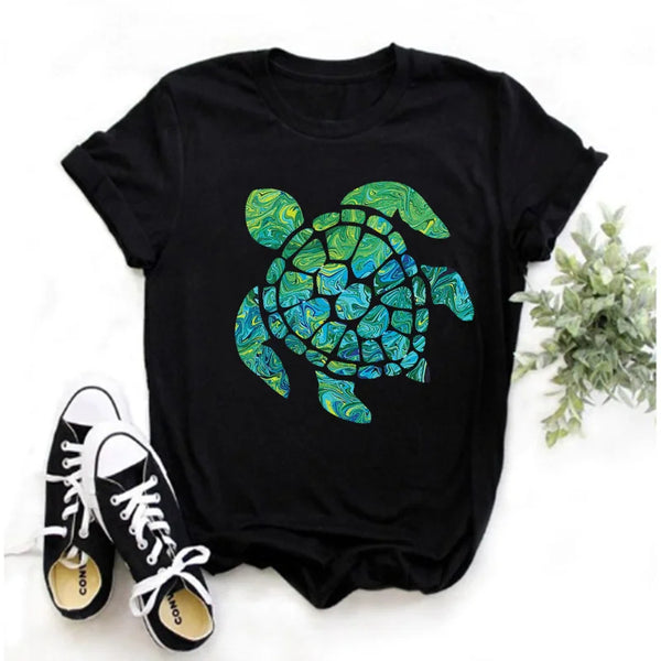 Sea Turtle Print T-shirt for Women Harajuku Cartoon Unisex Short Sleeve T-shirt 2023 Summer O-Neck Streetwear y2k Clothes Tops