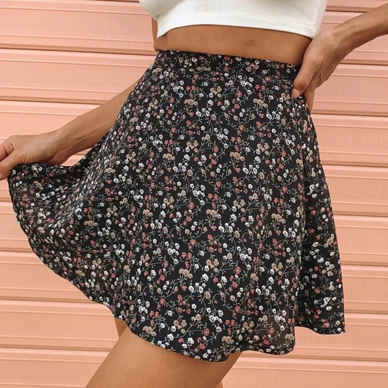 Summer new women' floral print skirt high waist umbrella mini skirt Female invisible zipper chiffon print short skirt women 2022