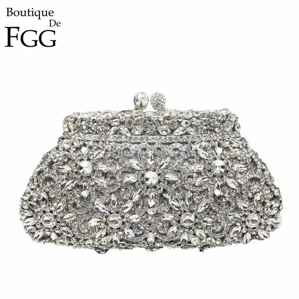 Boutique De FGG (in stock) Flower Crown Clutch Silver Crystal Evening Handbag Women Party Prom Bag Bridal Clutches Wedding Purse