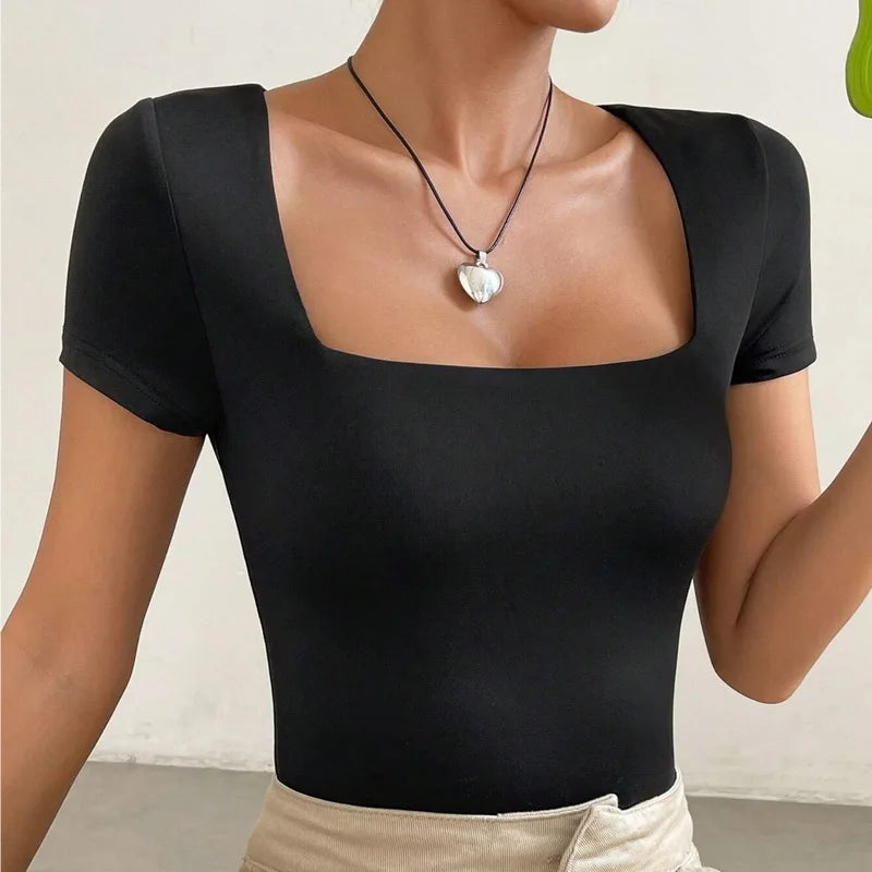 Black White Gray Solid Color Simple Casual T-shirt Women's Versatile Slim Square Neck Short Sleeve Top Summer Fashion Basic Tees