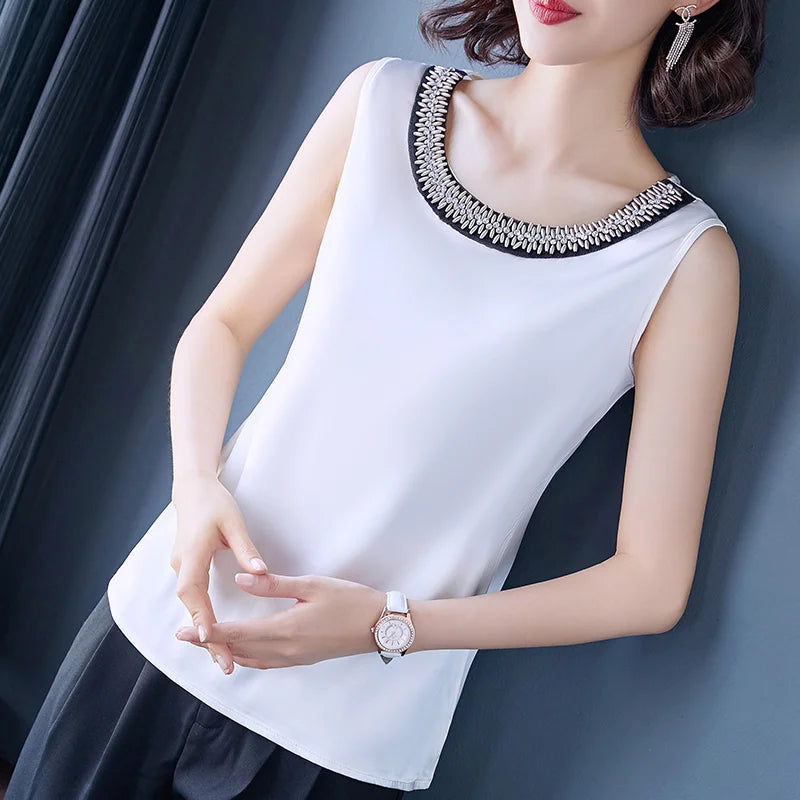 2023 Summer Women's Stylish V-neck Shirts and Blouses Fashion Elegant Satin Tops Silk Woman Office Lady Sleeveless Blusas 13741