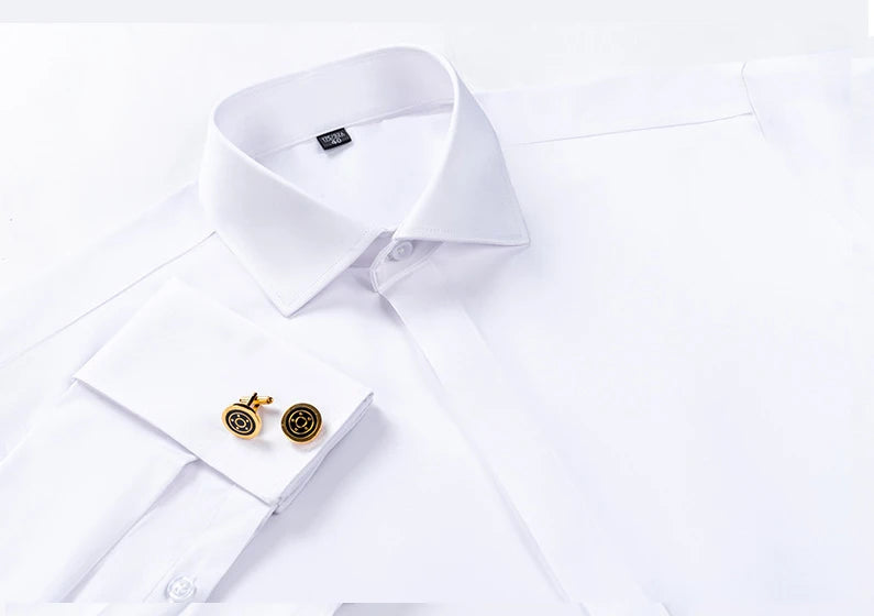 Windsor Collar French Cuff Dress Shirt Fashion Men's Long Sleeve Luxury Business Formal Shirts Covered Button Cufflink Shirt