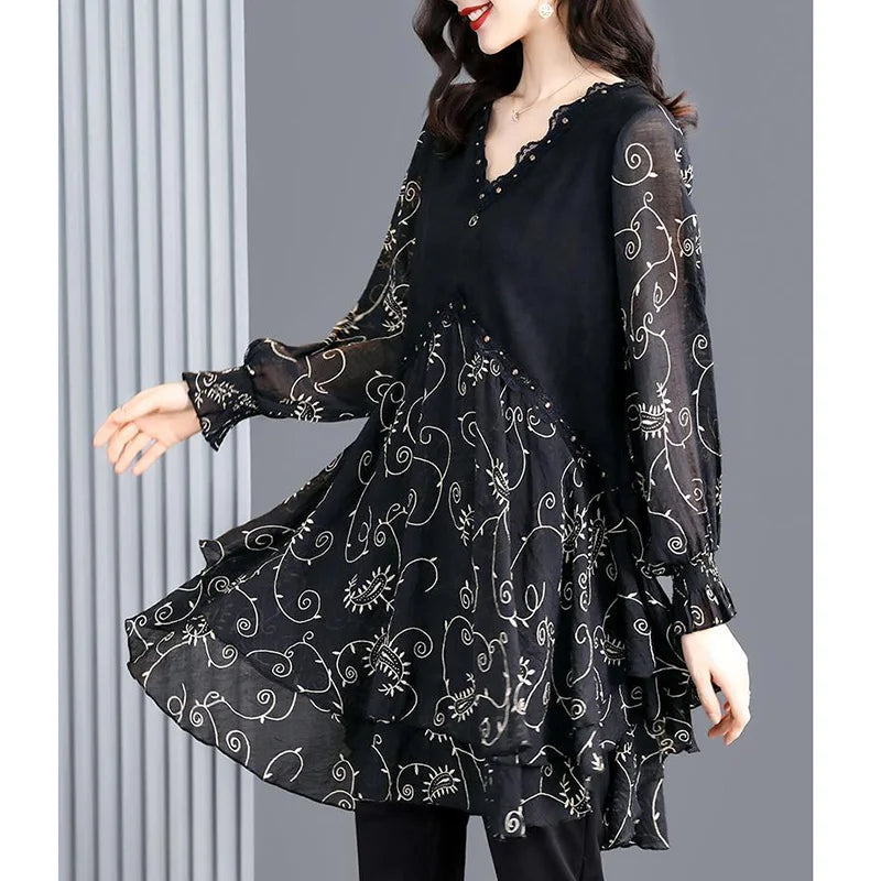 Vintage Printed V-Neck Spliced Ruffles Lace Beading Blouse Women's Clothing 2023 Autumn New Casual Pullovers Office Lady Shirt