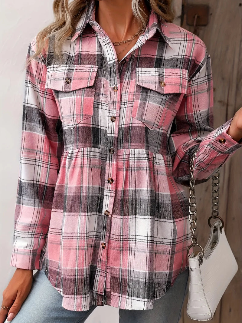 Plus Size Casual Blouse, Women's Plus Plaid Print Button Up Long Sleeve Turn Down Collar Blouse