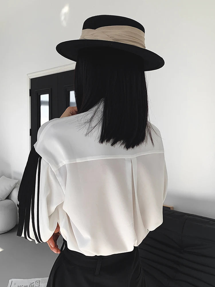 TWOTWINSTYLE Straight Patchwork Shirt For Women Lapel Lantern Sleeve Colorblock Loose Blouses Female Clothing Style 2022 Fashion