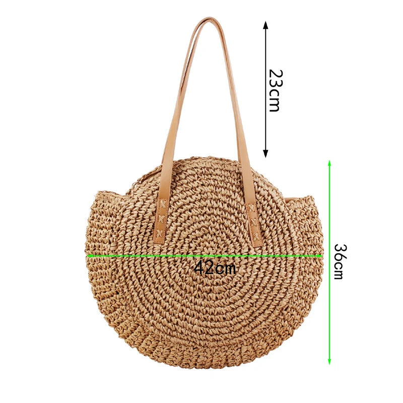 Handmade Round Woman Shoulder Bag Bohemian Straw Bags Woven Handbag Summer Beach Bag Female Large Capacity Rattan Knitting Tote