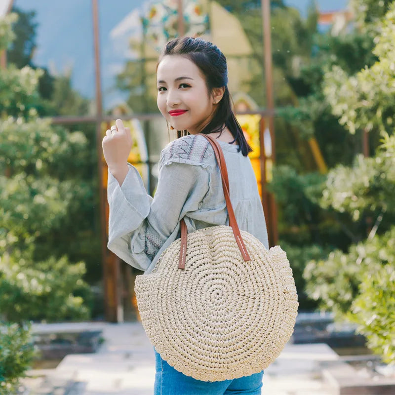 Handmade Round Woman Shoulder Bag Bohemian Straw Bags Woven Handbag Summer Beach Bag Female Large Capacity Rattan Knitting Tote