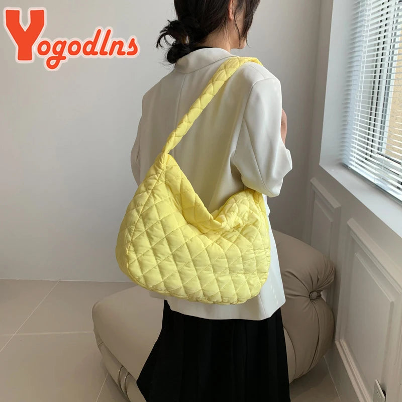 Yogodlns Winter Rhombus Space Cotton Padded Shoulder Bag Female Fashion Flap Down Crossbody Messenger Bag Luxury Lady Tote