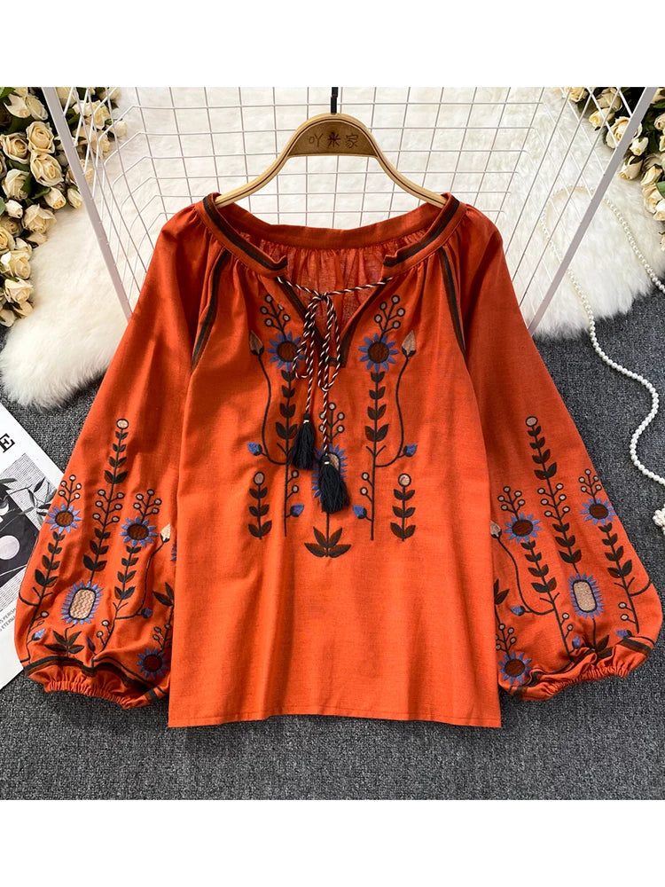 Women Spring Blouse Ethnic Style Retro Literature Loose Embroidered Cotton Linen Round Neck Pullover Shirt Casual Top D3549