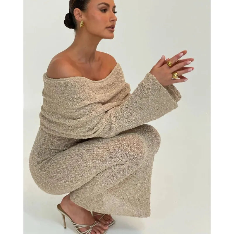 Tossy Knit Hollow Out Off-Shoulder Maxi Dress Female Cover up See-Through Sleeve Holiday Beach Party Dress Women Knitwear Dress