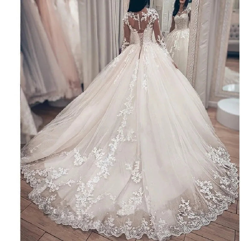 Princess Ball Gown Wedding Dress long sleeve bride dress o neck plus size robe de mariee Lace beading Wedding Bridal Gown