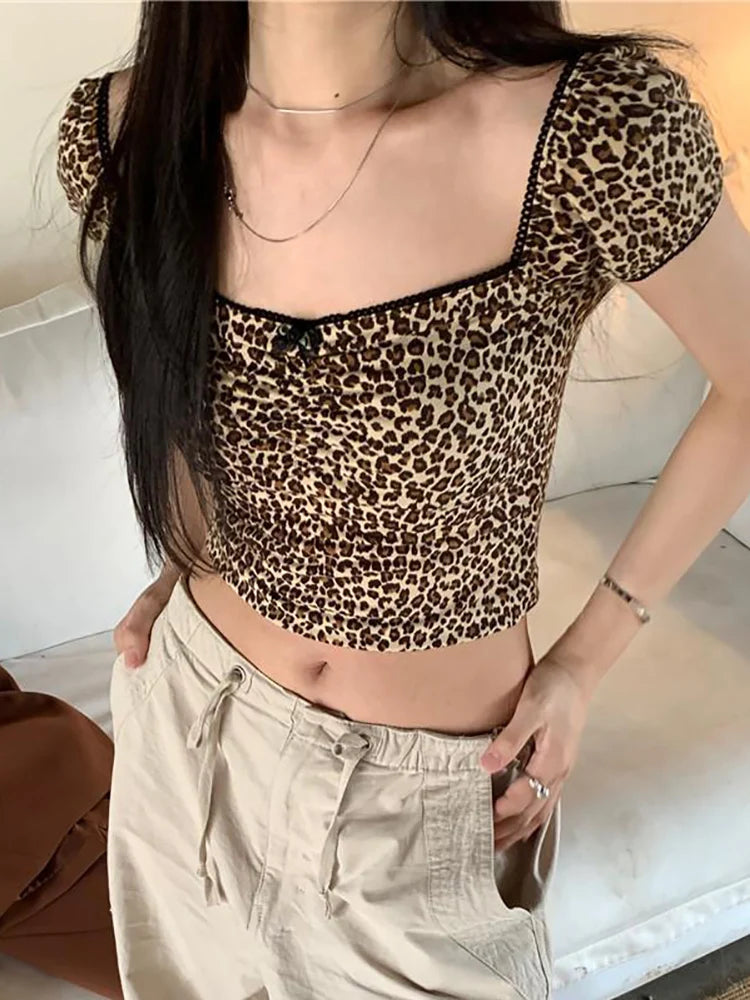 HOUZHOU Leopard Print T-shirt Women Y2k Harajuku Slim Crop Top Kpop Korean Vintage Sexy Square Collar Short Sleeve Tee Summer