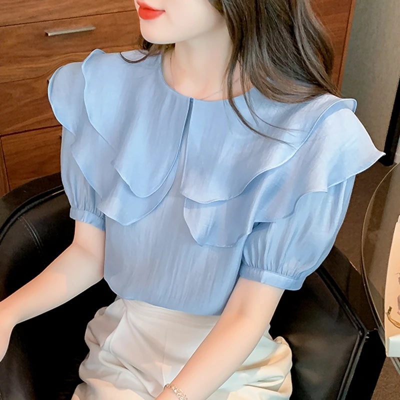 Summer Chiffon Blouses Women Casual Shirts 2024 Vintage Short Sleeve Blusas Mujer Korean Style White Puff Sleeve Ladies Tops y2k