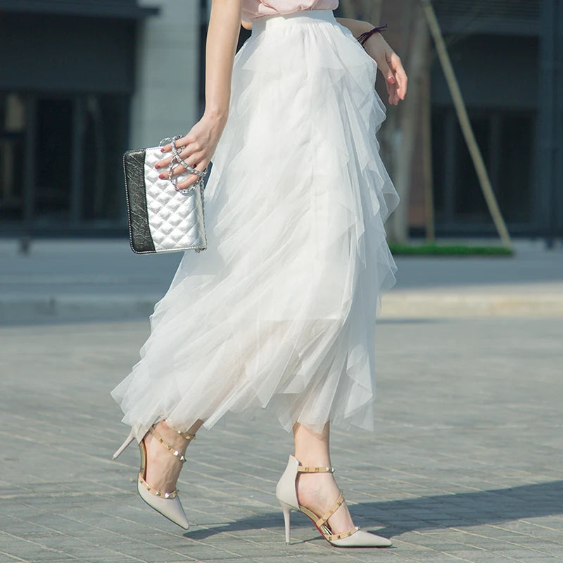 Tutu Tulle Long Maxi Skirt Women Fashion Korean Cute Pink High Waist Pleated Skirt Mesh Female Lady Aesthetic Faldas